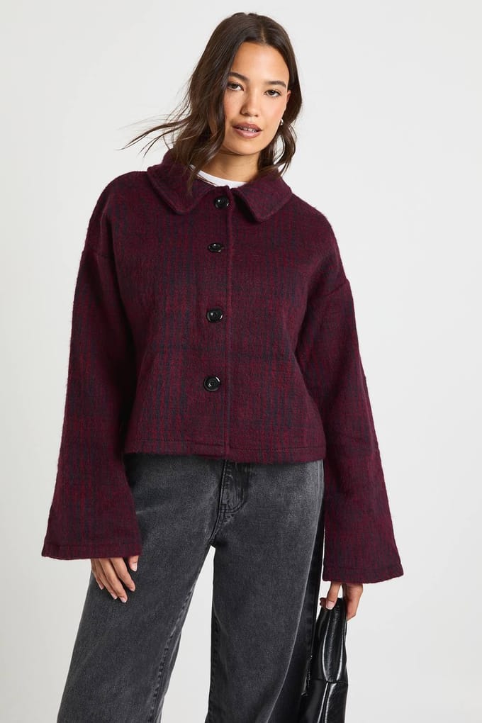 boohoo Dames Check Wool Look Kraagjas | Burgundy | Maat: 10
