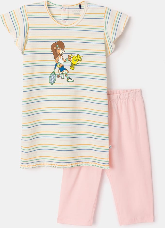 Woody pyjama meisjes/dames - multicolor gestreept - leeuw - 241-10-BAB-S/910 - maat 140