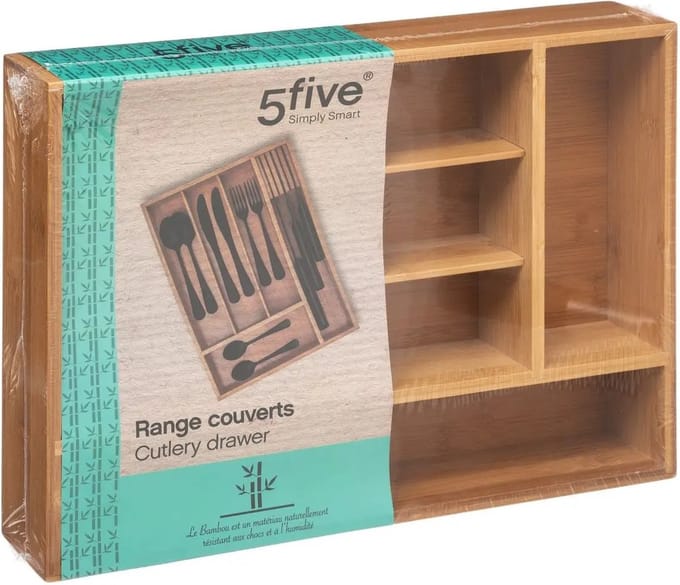 5Five Bestekbak indeling / keuken organizer - 5-vaks - bamboe hout - 38 x 28 x 7 cm