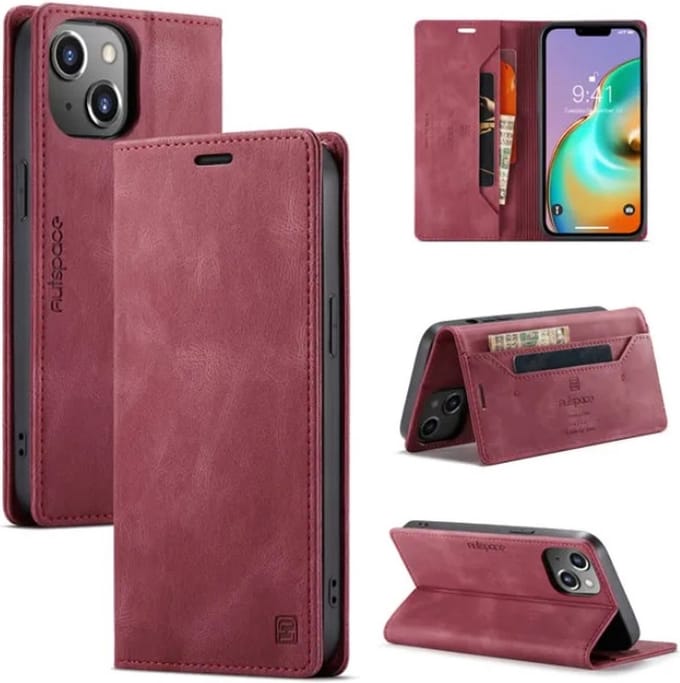 Luxe Flip Case met RFID Bescherming Kaarthouder en Magneetsluiting voor iPhone 14 Plus _ Wijnrood