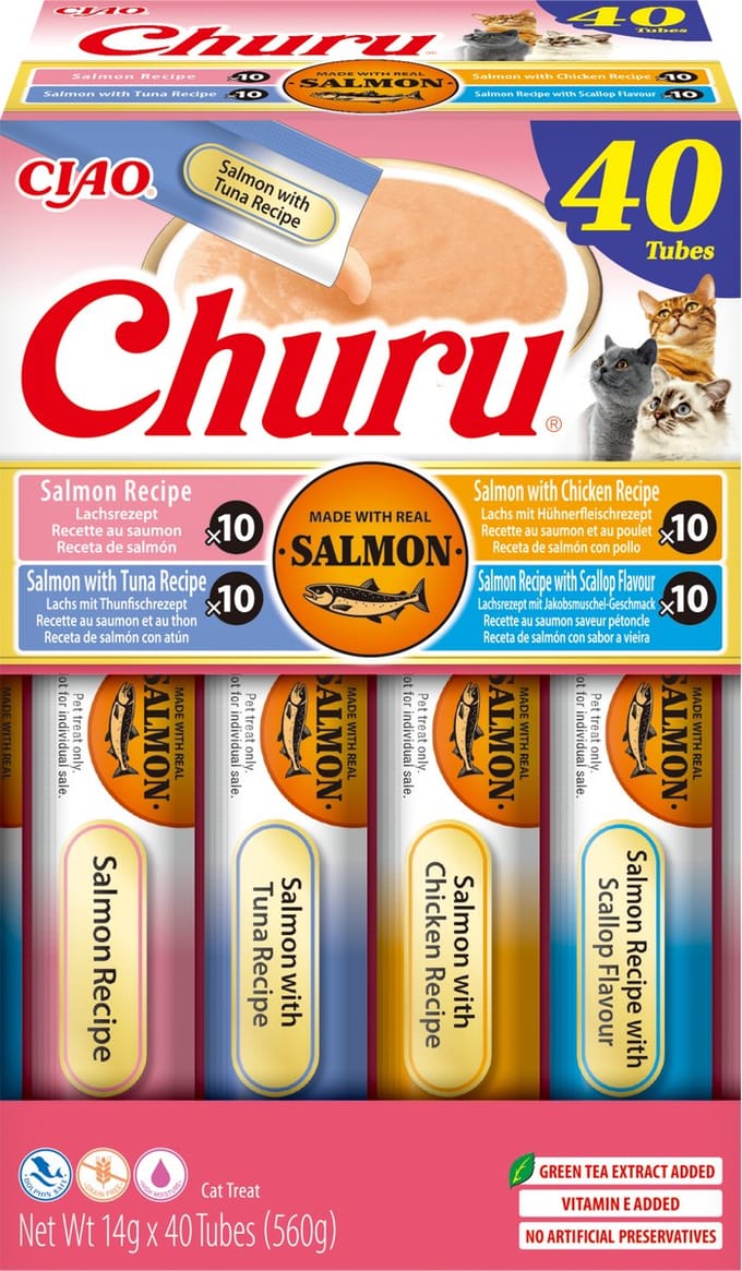 Inaba Ciao Churu Creamy Puree Liquid Kattensnack Zalm variëteiten 40x14g