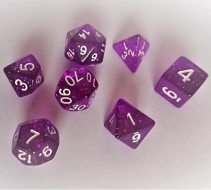 Polydice set 7 stuks - Polyhedral dobbelstenen set | dungeons and dragons dnd dice| D&D Pathfinder RPG | Paars doorzichtig glitter