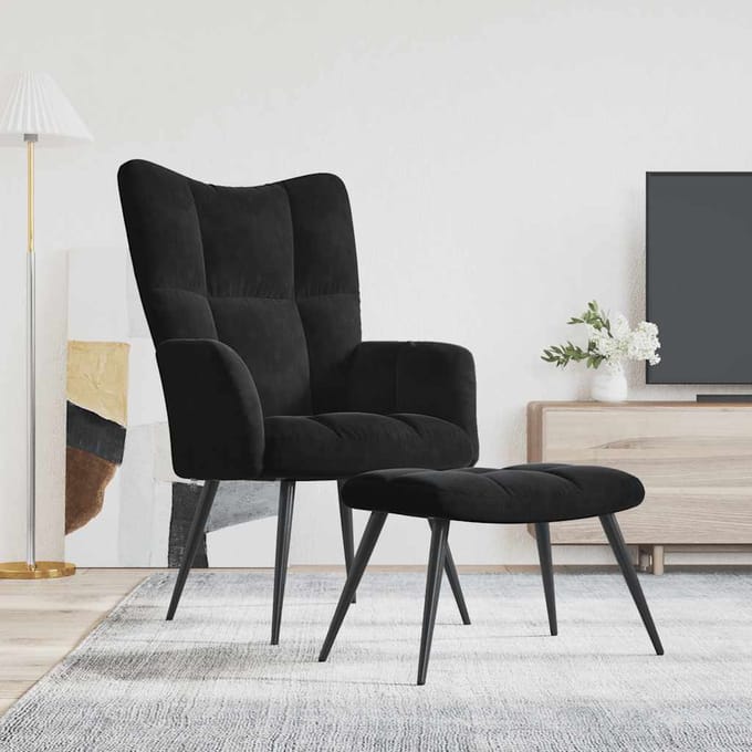 vidaXL - Relaxstoel - met - kruk - zwart - fluweel