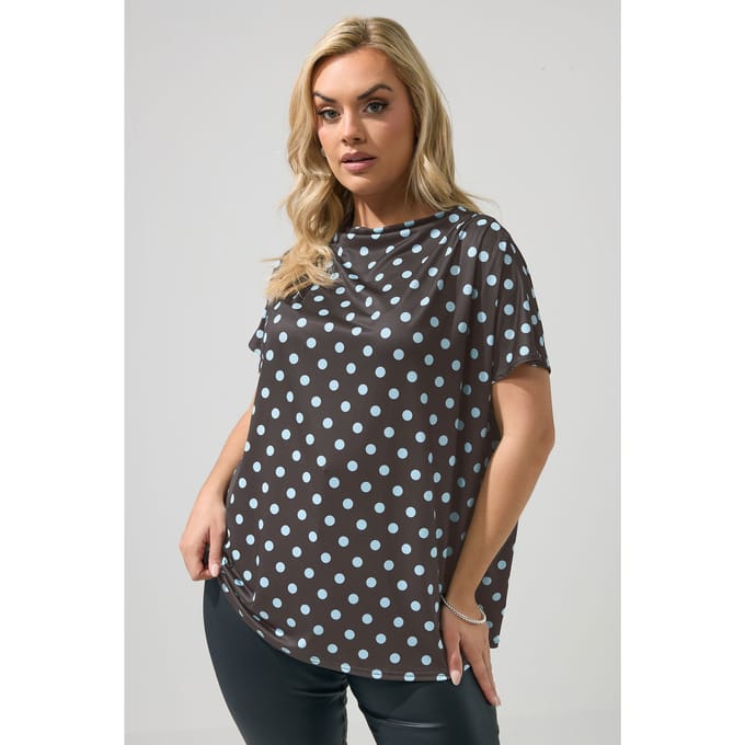 Yours London Chocoladebruine Top Met Stippen En Draperie Aan De Schouder Size 42