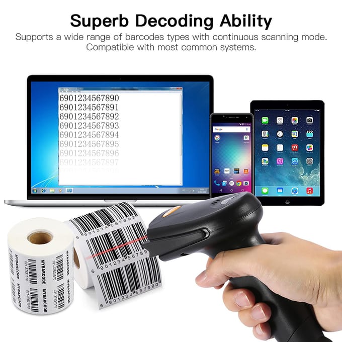 Draadloze Bluetooth 4.0 & USB 3.0 bedrade barcodescanner, 1D handheld laser barcodescanner voor inventarisatie black