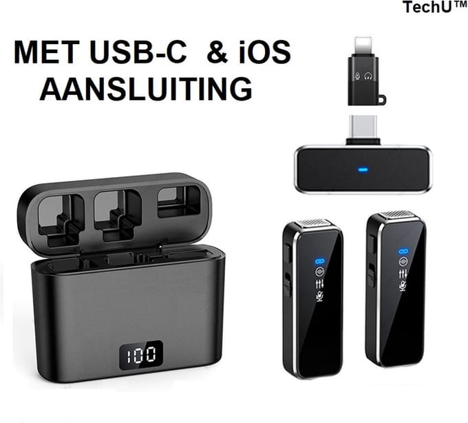 TechU™ 2 Stuks Draadloze Microfoon Mini – Aansluiting voor iOS Apple & USB-C Android – Audio, Interview & Podcast Opnemen – Inclusief Opbergdoosje – Zwart