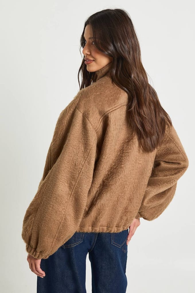 boohoo Dames Bomberjack met textuur van wollook | Camel | Maat: 40