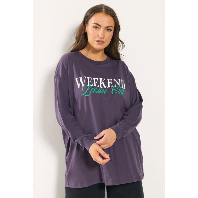 Yours Paars 'Weekend Leisure Club' Tshirt Met Lange Mouwen Size 42