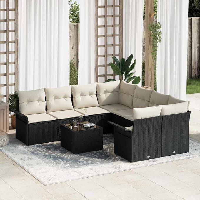 vidaXL - Tuinbank - Set - 9 - st - Zwart - en - Crème - poly - rattan