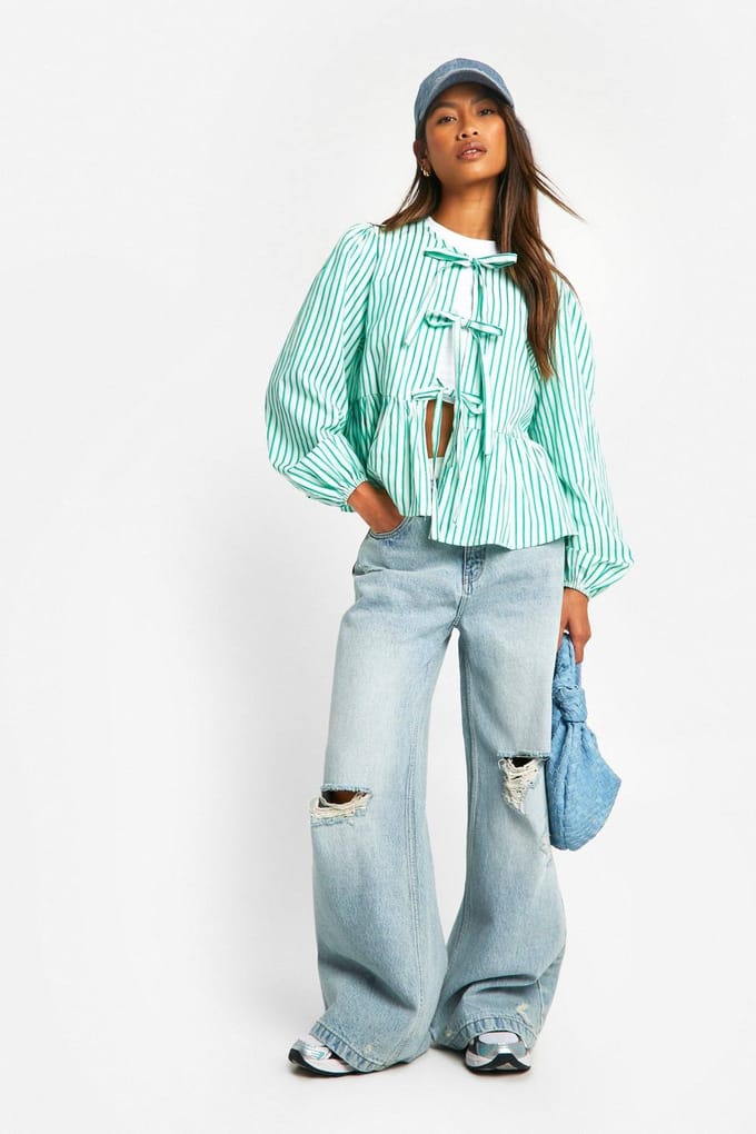 boohoo Dames Green Stripe Tie Front Puff Long Sleeve Smock Top | Groente | Maat: 38