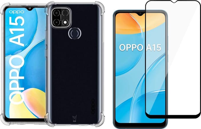 Hoesje geschikt voor Oppo A15 en Transparant Shock Proof Case + Screen Protector Glas Full Screen
