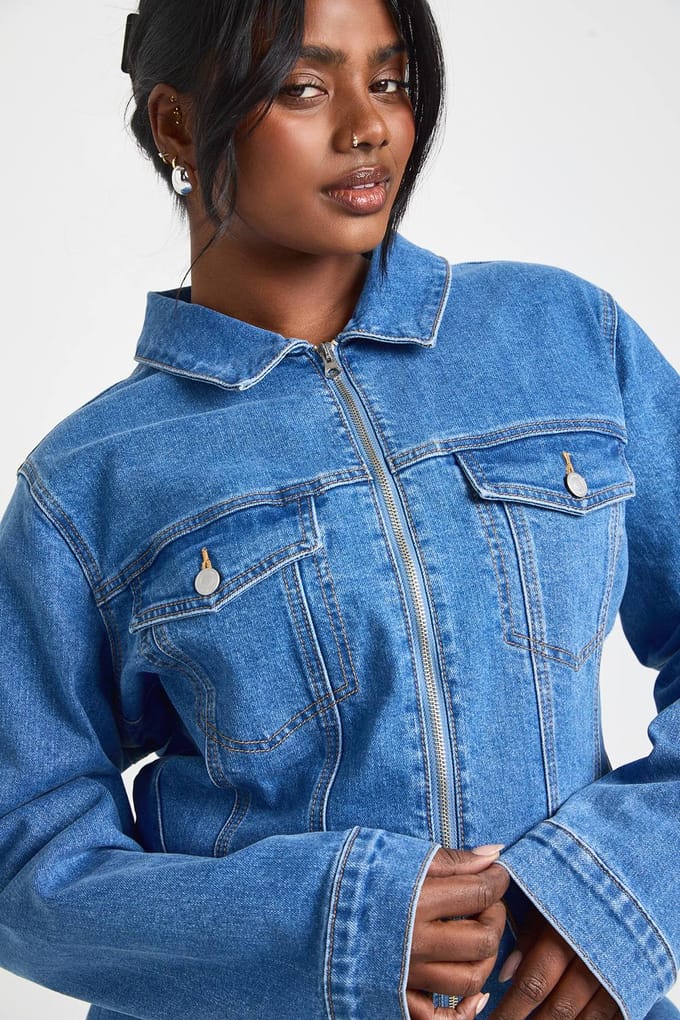boohoo Dames Plus Size Denim Jurk met Rits | Mid Blue | Maat: 26