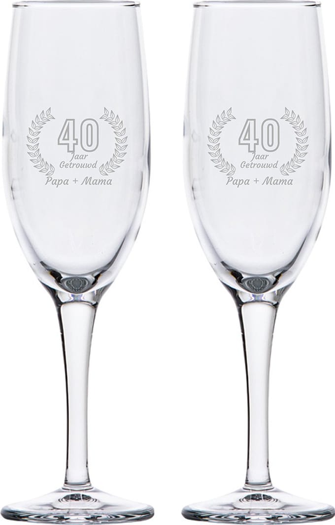 Gegraveerde set champagneglazen 16,5cl Papa + Mama 40 jaar getrouwd