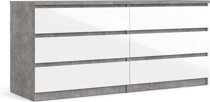 Nada kommode breed met 6 lades, betondecor/wit hoogglans.