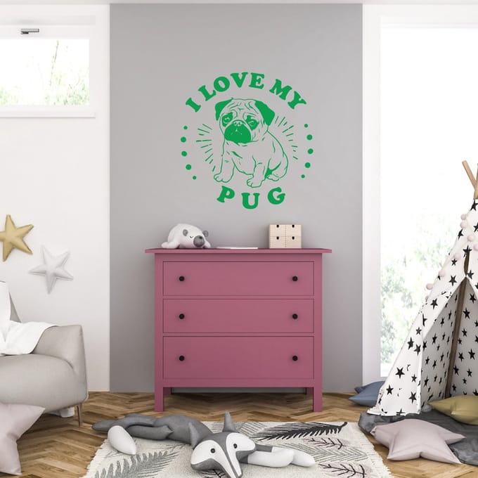 Muursticker - I Love My Pug - 58 x 60 - Groen