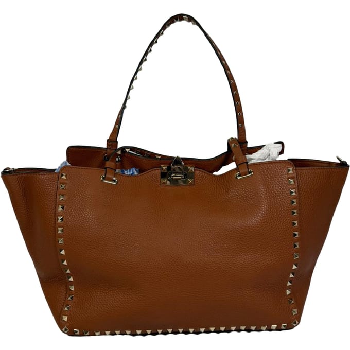 Valentino Light Cuir Rockstud Trapeze Tote in Bruin Leer