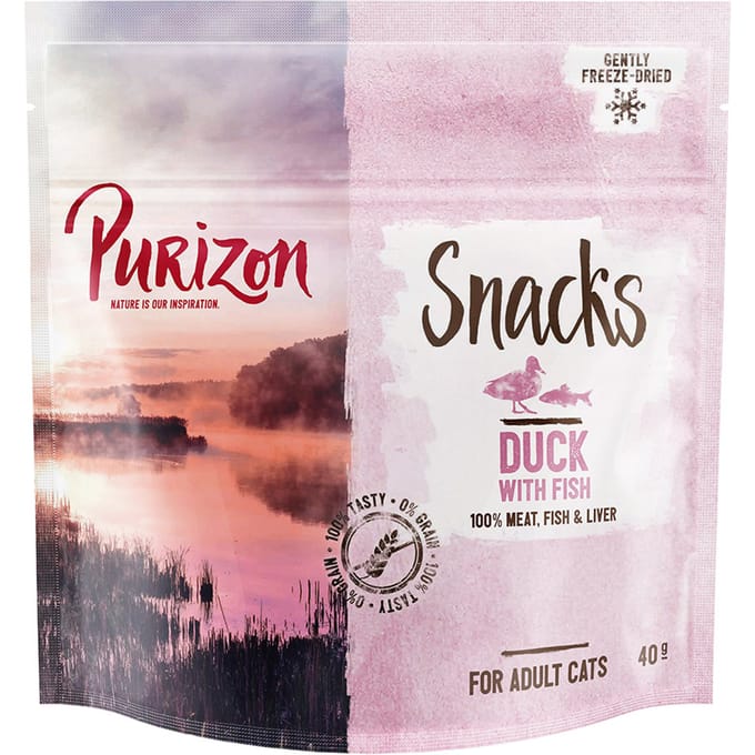 Purizon Original eend met vis - graanvrij Bestel ook snacks: Purizon Snack Eend met Vis - 40 g