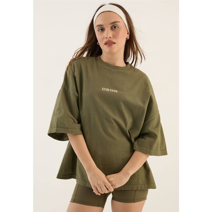 Dames Dsgn Studio Zwaar Gewassen Oversized T-shirt Met Korte Mouwen | Olijf | Maat: Medium