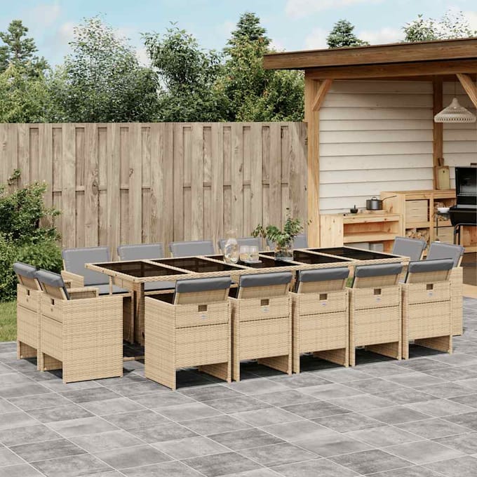 vidaXL - 15-delige - Tuinset - met - kussens - poly - rattan - gemengd - beige