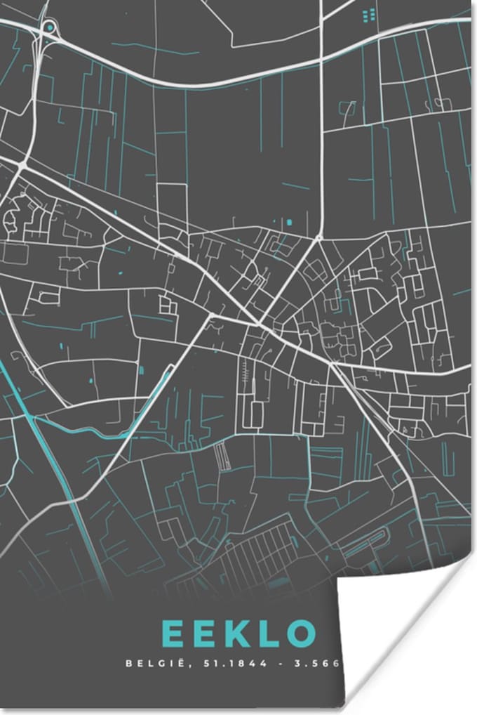 Poster België – Eeklo – Stadskaart – Kaart – Blauw – Plattegrond - 60x90 cm