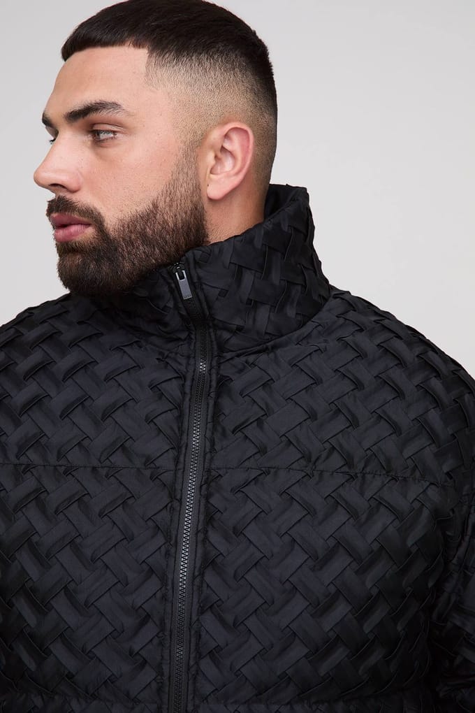 Plus Oversized Fit Woven Textured Funnel Neck Puffer Jacket | Black | Size 2XL