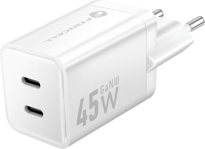 Forcell, GaN III Oplader 45W - Dual Poort USB-C PD / QC 4.0 - Ultra Compact, Wit