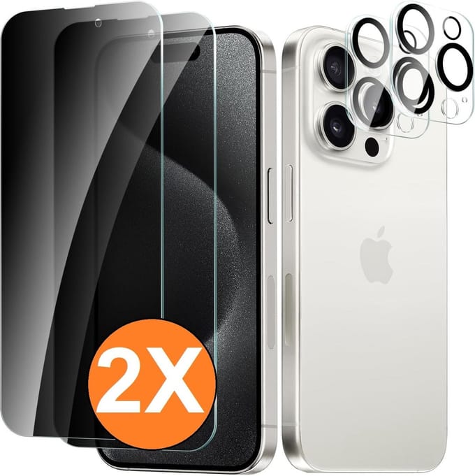 Privacy screenprotector Geschikt voor iPhone 15 Pro Max screenprotector Privacy Met iPhone 15 Pro Max camera lens - Complete bescherming voor iPhone 15 Pro Max scherm en camera in één set - 2X