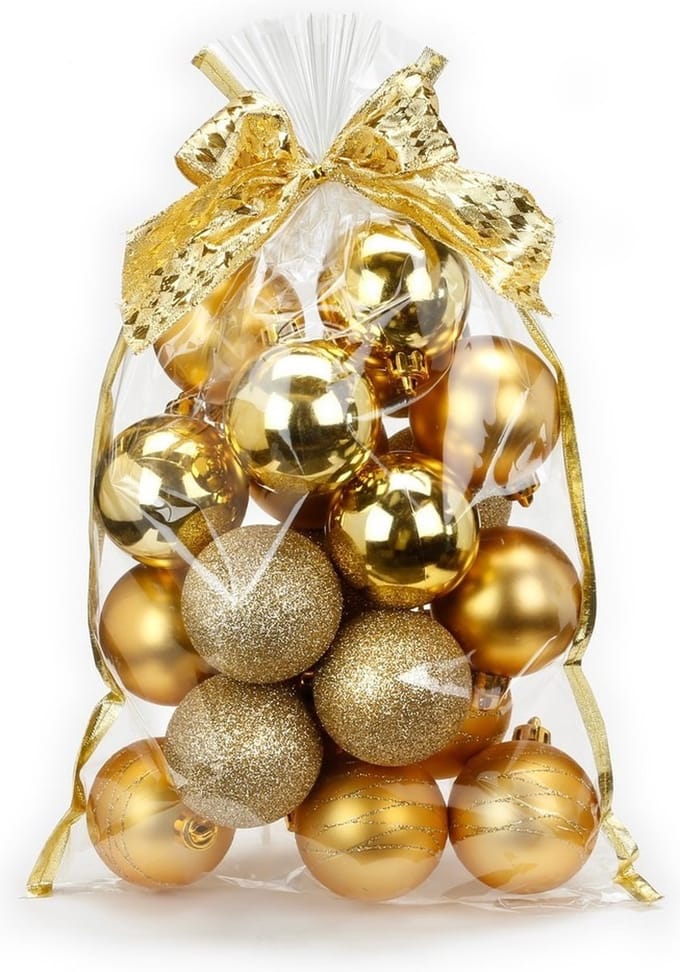 20x stuks kunststof/plastic kerstballen goud mix 6 cm in giftbag - Kerstboomversiering/kerstversiering