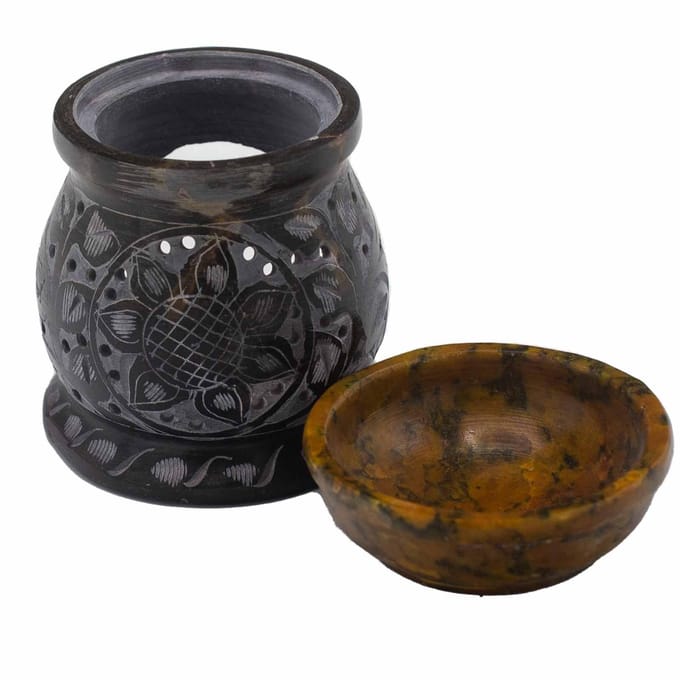 Zeepsteen oliebrander 10 cm - Mandala bloem - zwart & geel