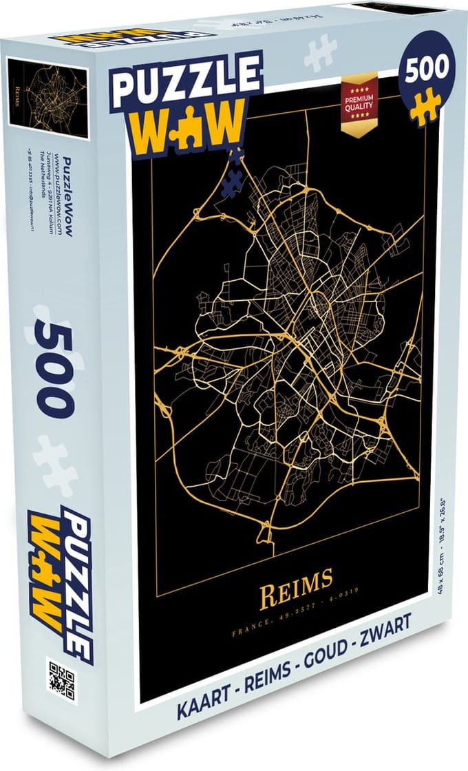 Puzzel Kaart - Reims - Goud - Zwart - Legpuzzel - Puzzel 500 stukjes