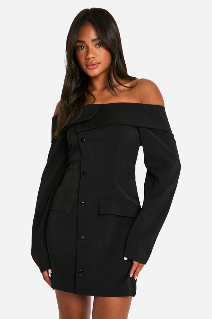 boohoo Dames Bardot Blazerjurk | Black | Maat: 8