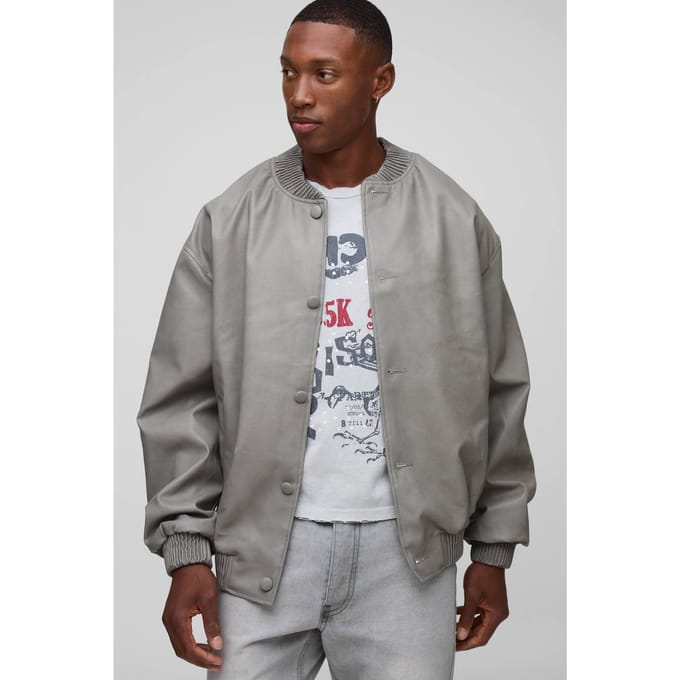 Oversized Fit Soft PU Bomber Jacket | Grey | Size XS