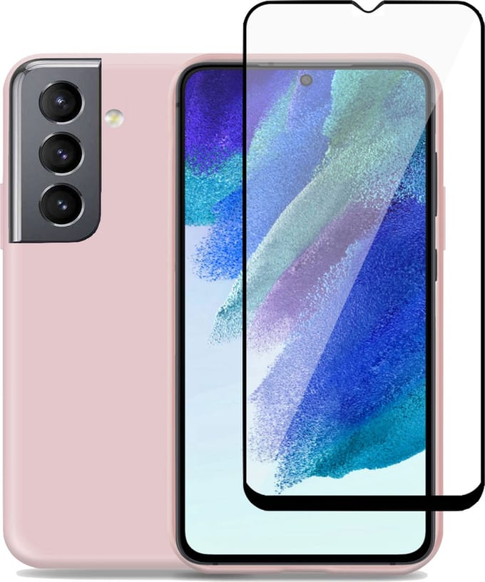 Hoesje geschikt voor Samsung S21 FE - Full Screenprotector Tempered Glas Cover - Liquid Back Case Rose