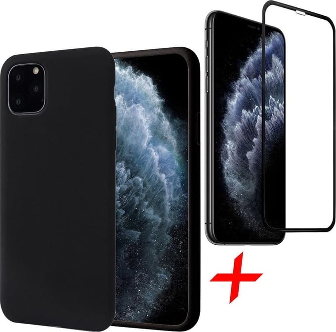Hoesje geschikt voor iPhone 11 Pro Max - Screenprotector FullGuard - Zwart Liquid Siliconen Case