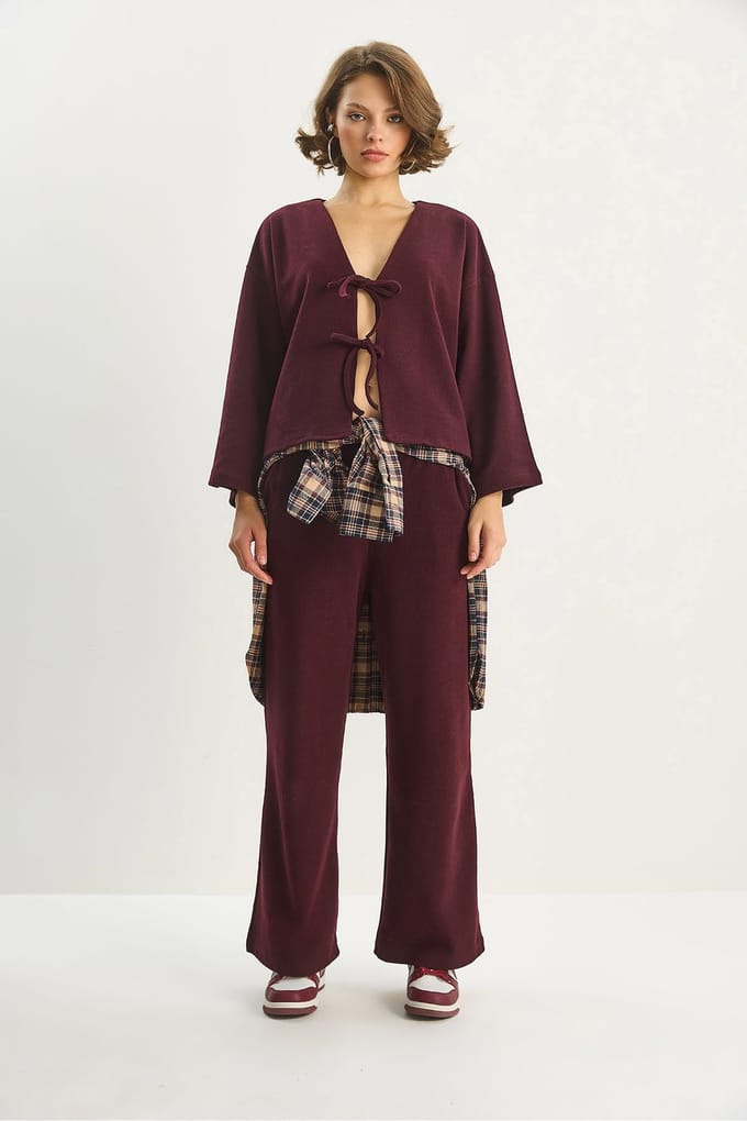 V-hals Gebreide Cardigan en Wijde Pantalon Set