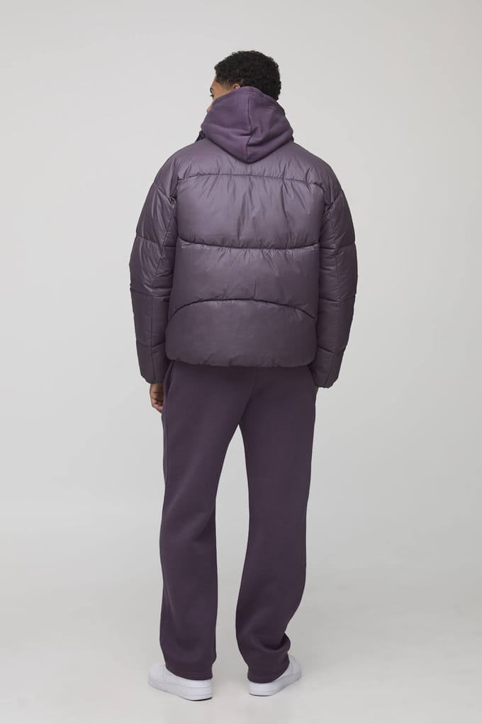 Regular Fit Crinkle High Shine Panelled Funnel Neck Puffer Jacket | Plum | Size Medium