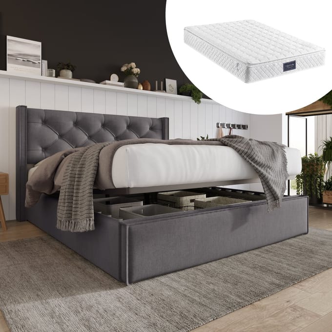 SINGULARITY-Hydraulisch tweepersoonsbed gestoffeerd bed 140x200cm- modern bedframe met opbergruimte- grijs met matras