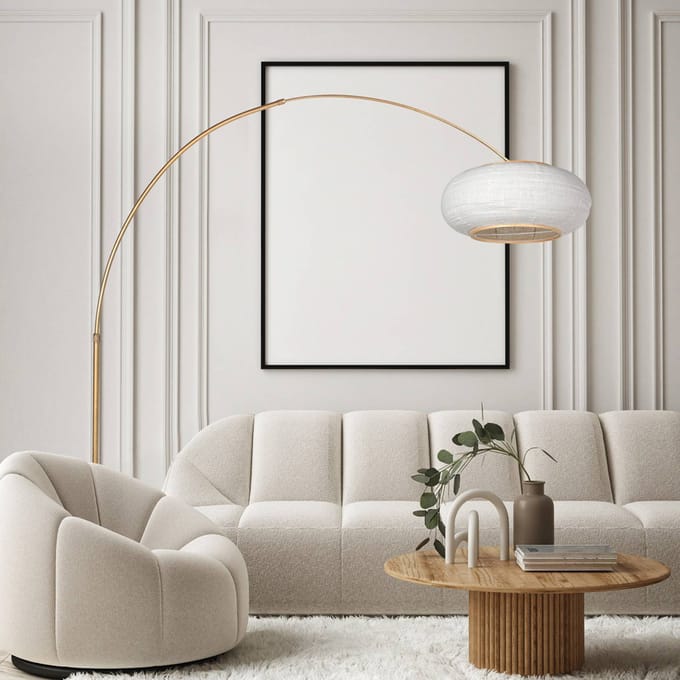 Booglamp Silva Alba 4672BR brons met linnen kap Ø60 cm - Vloerlamp - Hout, linnen, metaal - In hoogte verstelbaar, driemaal verstelbaar - Steinhauer
