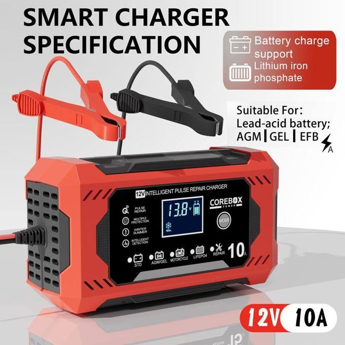 Autolader - Intelligent - 12V 10A - LCD-scherm - Meerdere beveiligingen - Reparatie