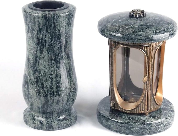 Graflamp en Grafvaas - Grafdecoratie set - Herdenken dierbaren - Handgemaakt echt graniet - Medium formaat - Olijfgroen