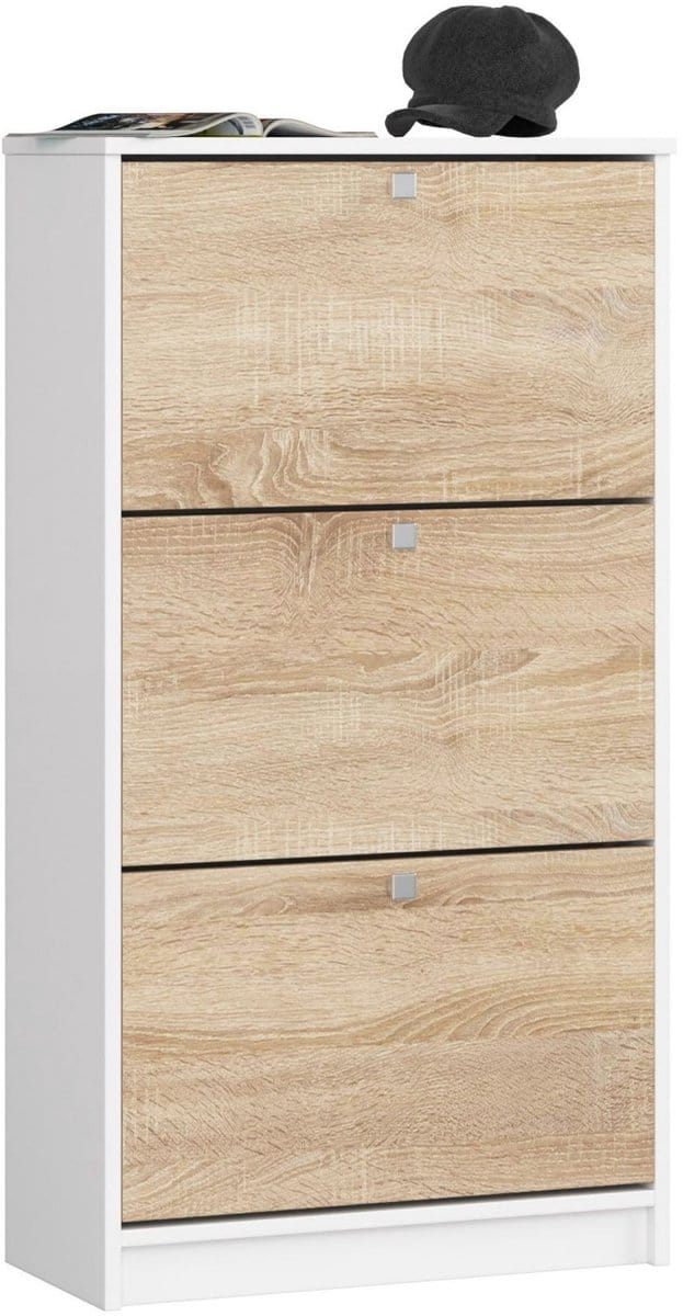 Schoenenkast met 3 Kiepkleppen 60 cm - Wit en Eik Sonoma