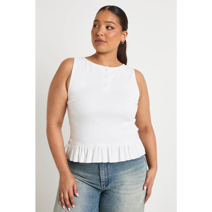 boohoo Dames Plus top met knoopfront en rucheszoom | Wit | Maat: 44