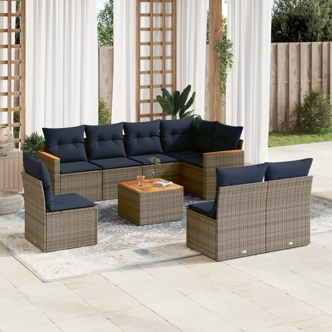 vidaXL - 9-delige - tuinbankset - met - kussens, - grijs - polyrotan