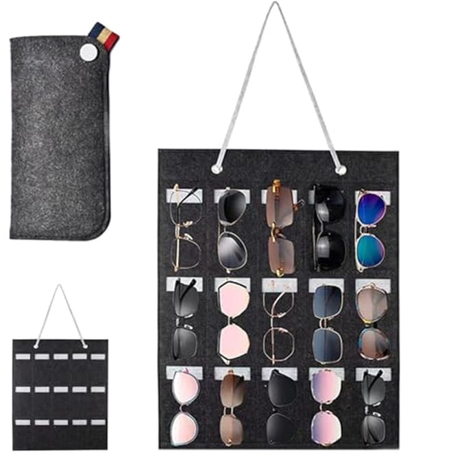 Hanging Sunglasses Organizer with 15 Compartments - Wall-Mounted Dustproof Storage