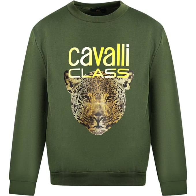 Cavalli Class Leoplardprint Logo Olijfgroene Trui
