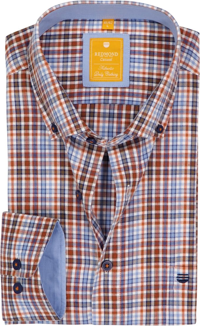 Redmond modern fit overhemd - twill - oranje - lichtblauw - wit - donkerblauw geruit