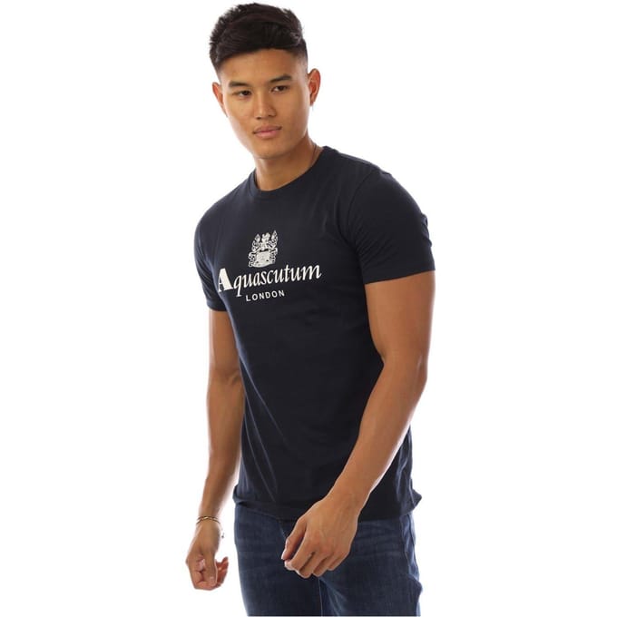 Aquascutum Heren Logo Crew Neck Regular T-shirt (Marine, Wit)