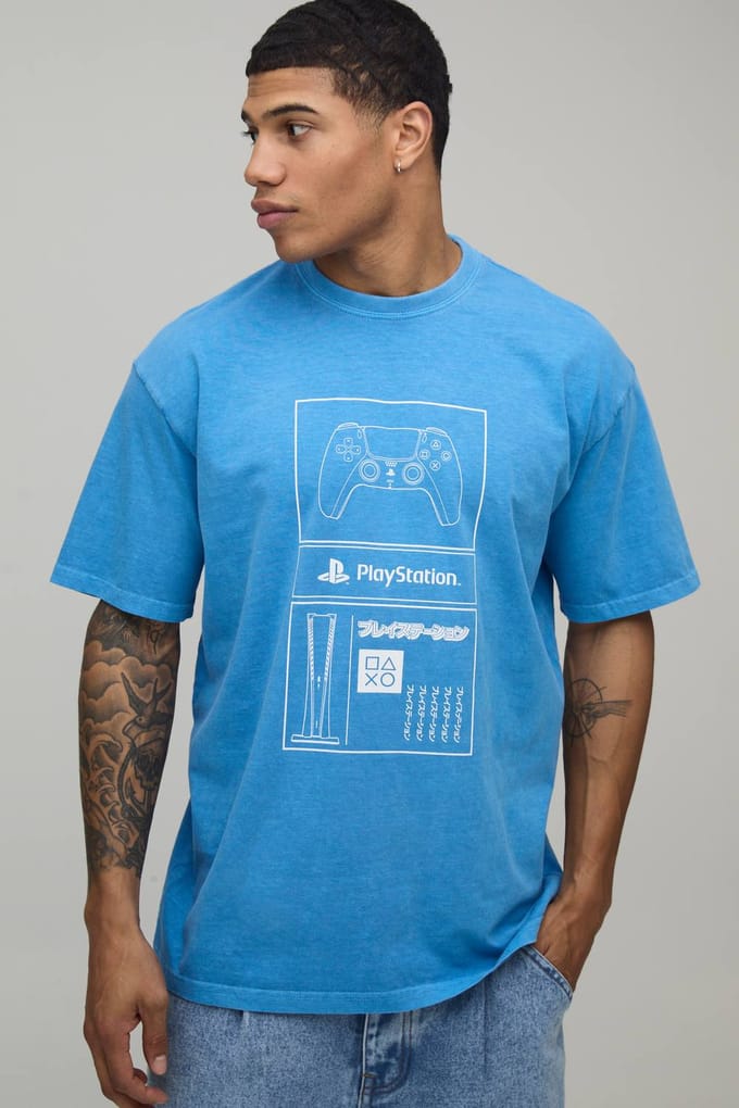 Oversized PlayStation Gelicentieerd Gewassen Geprint T-Shirt | Blue | Size Medium