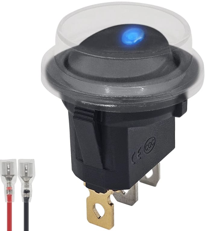 ProRide Wipschakelaar ON-OFF KCD2-12 - met Beschermkapje en Aansluitkabel - 3 pins - Rond - 12V/20A - LED indicator Blauw
