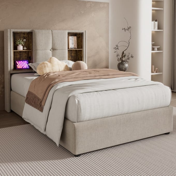 SINGULARITY-Eenpersoonsbed met draadloos opladen USB C- gestoffeerd bedframe 90x200cm- bedframe met opbergruimte lattenbodem- linnengoed met matras